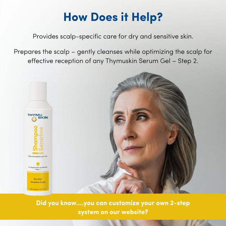 THYMUSKIN® Sensitive Shampoo  Step 1 of 2 in the Thymuskin System, gently cleanses and supports womens hair concerns while preparing the scalp for