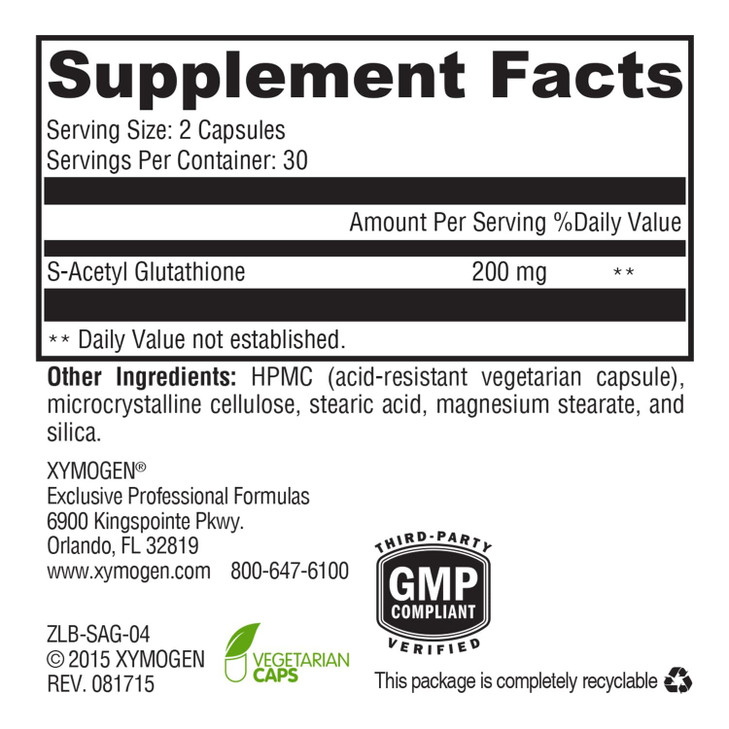 XYMOGEN S Acetyl Glutathione - Superior Absorption Acetylated Glutathione Supplement with Stomach Acid-Resistant Capsules - Healthy Aging, Cellular,