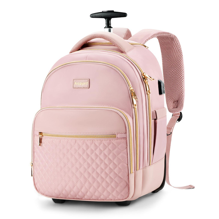Arcoyard Small Rolling Backpack, 14.3 Inch Underseat Carry On Luggage With Wheels For Adults, Wheeled Backpack for Women, Travel Roller Bag, Pink