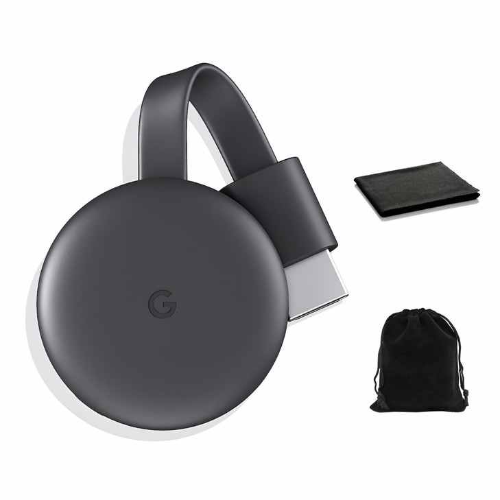 Google Chromecast - Streaming Device with HDMI Cable - Stream Shows, Music, Photos, and Sports from Your Phone to Your TV, Includes Pouch and Cleanin