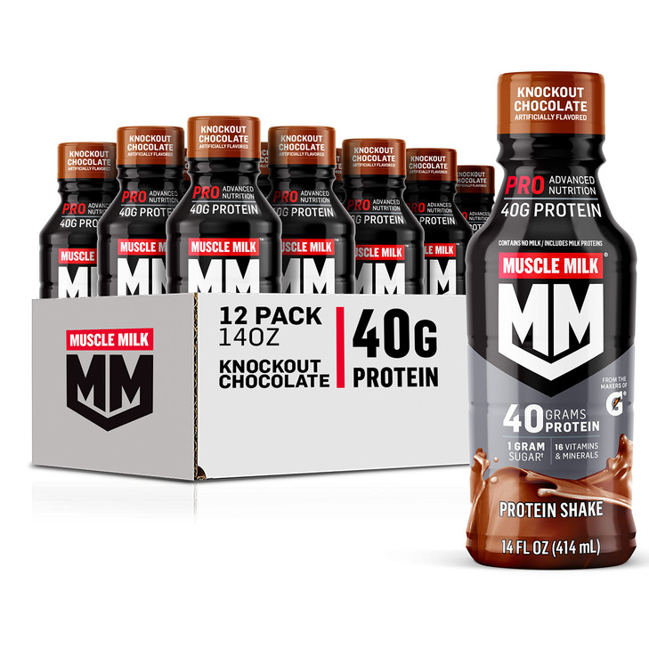 Muscle Milk Pro Advanced Nutrition Protein Shake, Knockout Chocolate, 14 Fl Oz Bottle, 12 Pack, 40g Protein, 1g Sugar, 16 Vitamins & Minerals, 6g Fib