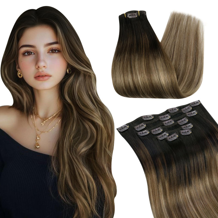 Ugeat Human Hair Clip in Extensions Balayage Clip in Extensions Real Human Hair Dark Brown Balayage Chocolate Brown Mix Light Brown Clip-in Hair Exte