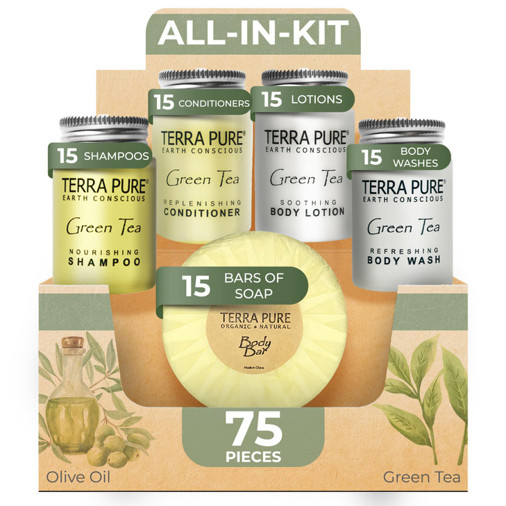 Terra Pure Hotel Soaps and Toiletries Bulk Set | 1-Shoppe All-In-Kit Amenities for Hotels | 1oz Hotel Shampoo & Conditioner, Body Wash, Body Lotion &