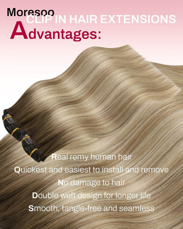 Moresoo Hair Extensions Clip in Human Hair Balayage Double Weft Clip in Hair Extensions Human Hair Ombre Brown to Light Brown with Blonde 7Pieces 120