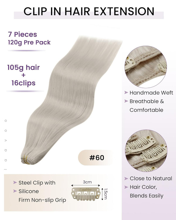 LaaVoo Human Hair Clip in Extensions 20 Inch Blonde Clip in Hair Extensions Platinum Blonde Hair Extensions Clip ins Soft Straight Full Head 7pcs/120