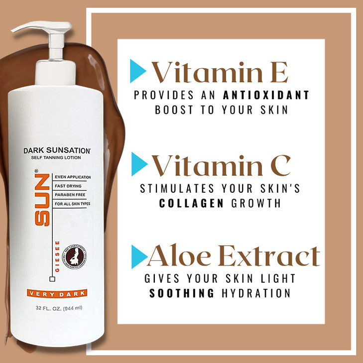 Sun Laboratories By Giesee Dark Sunsation Self Tanning Lotion 32 oz - Ultra Dark, Long Lasting, Fragrance Free Sunless Tanner for Men, Women - Organi