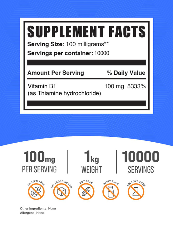 BulkSupplements Thiamine HCl Powder - Thiamine Hydrochloride, B1 Vitamins, Thiamine B1 Supplement, Thiamine 100mg - Gluten Free, 100mg per Serving, 1