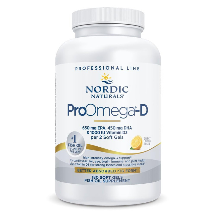 Nordic Naturals ProOmega-D, Lemon Flavor - 180 Soft Gels - 1280 mg Omega-3 + 1000 IU D3 - High-Potency Fish Oil - EPA & DHA - Brain, Eye, Heart, & Im