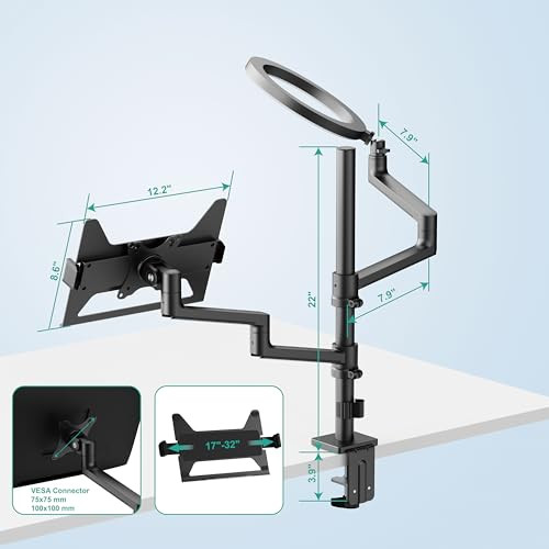WALI Laptop Desk Mount, Laptop Stand for Desk with 10" LED Ring Light 3 Color&10Brightness, Height Adjustable Monitor Stand for 17-32" Monitor 12-17