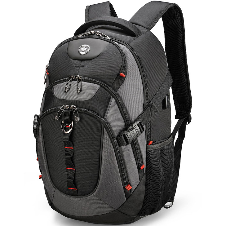 Swissdigital Design Laptop Backpack, Travel Backpack with USB Charging Port Fits 15.6 inches Computer, 31L College School Bookbag for Men, Black/Grey
