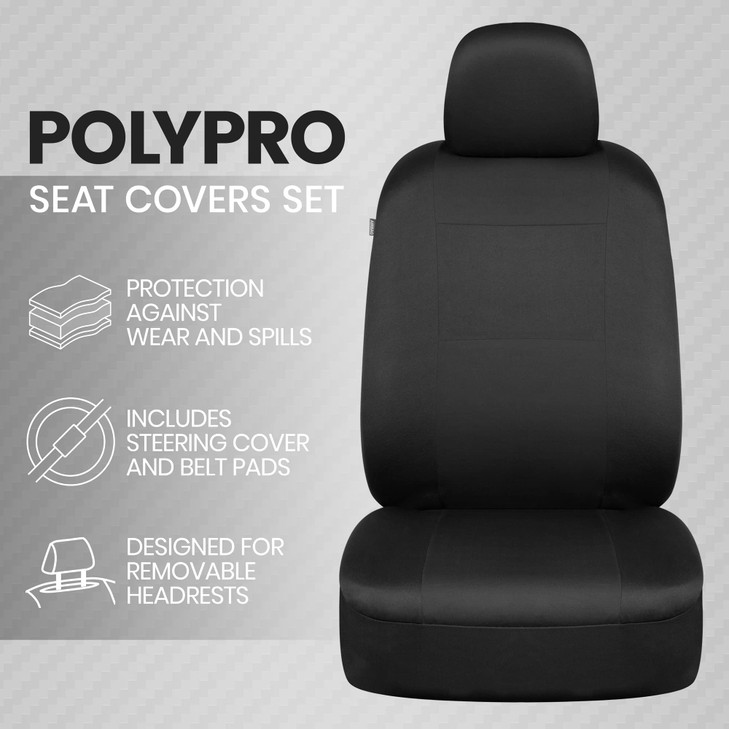 BDK PolyPro Car Seat Covers Full Set in Solid Black with Steering Wheel Cover & Seat Belt Pads  Front and Rear Split Bench Car Seat Cover, Easy to I