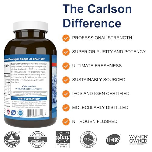 Carlson Super DHA Gems - 500 mg DHA Supplements, 640 mg Fatty Acids, Norwegian Fish Oil Concentrate, Wild-Caught, Sustainably Sourced Fish Oil Capsul