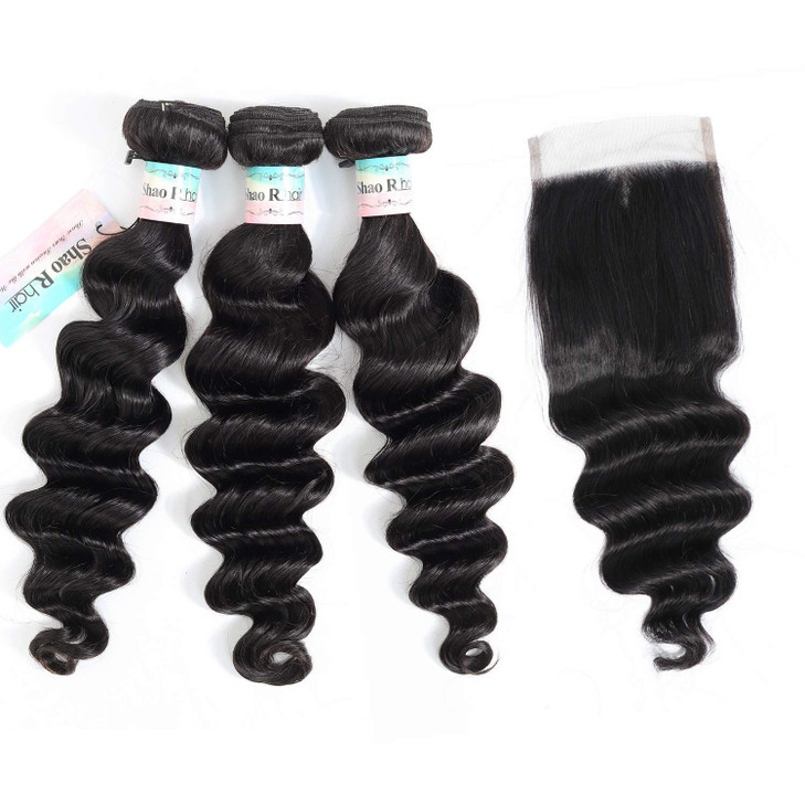 Loose Deep Wave Bundles with Closure - 100% Unprocessed Virgin Human Hair, Brazilian Curly, 18'-22' with 16' Closure, Natural Color