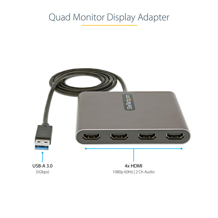 StarTech.com USB 3.0 to Quad HDMI Adapter, USB to 4x HDMI Monitor Converter for Windows, TAA (no support for macOS/ChromeOS/Linux)