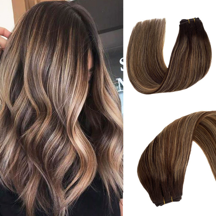 Remy Sew in Human Hair Extensions Brown to Blonde Highlights Weft Hair Extensions Balayage Colored 24 inch Hair Double Wefts Hair Bundles Sew in Hair