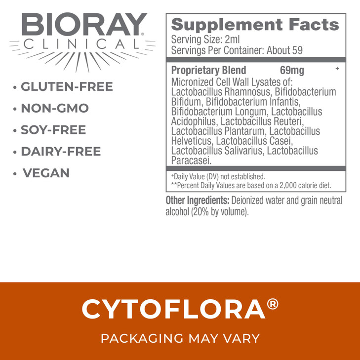 BIORAY Clinical CytoFlora - 4 fl oz - Probiotic Immunity Tonic - Improves Bowel & Gut Function - Non-GMO, Vegetarian, Gluten Free