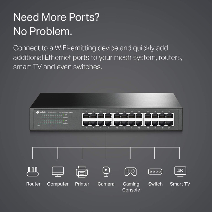 TP-Link 24 Port Gigabit Ethernet Switch Desktop/ Rackmount Plug & Play Shielded Ports Sturdy Metal Fanless Quiet Traffic Optimization Unmanaged (TL-S