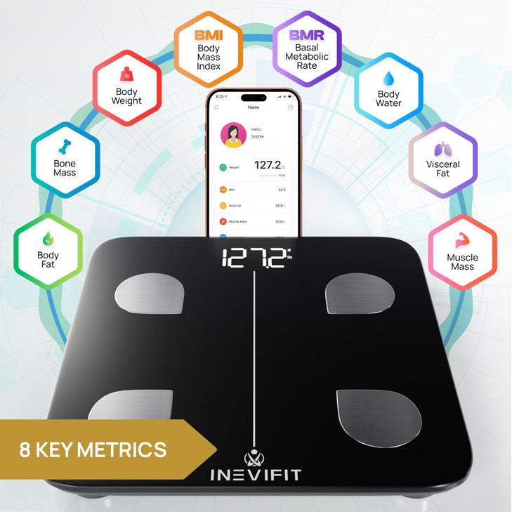 INEVIFIT Smart Body Fat Scale, Highly Accurate Bluetooth Digital Bathroom Body Composition Analyzer, Measures Weight, Body Fat, Water, Muscle, Viscer