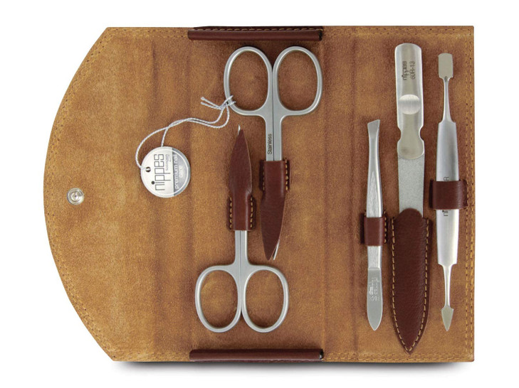 nippes Solingen Classic Premium Manicure Set, 5 Pieces, Genuine Cowhide Leather Nail Case, Brown, Stainless Steel, Nickel and Rustproof, Nail Care Se