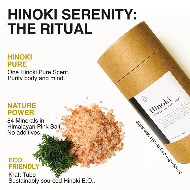 TE + TE Hinoki Bath Soak | Japanese Cypress Essential Oil Bath | Soaking Ritual | Mineral Bath Salt | 24 oz