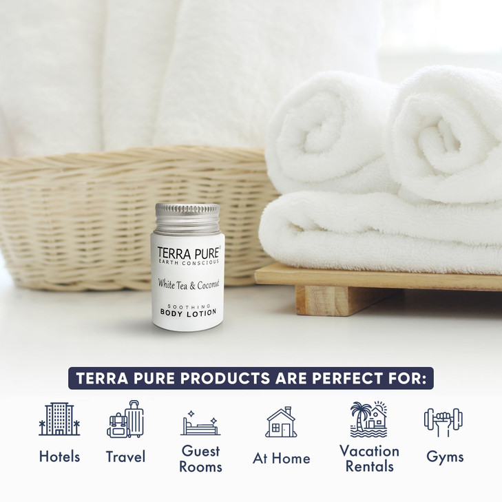 Travel Size Hotel Body Lotion 100 Count 1 oz Bottles Guest Amenities for Hotels Vacation Rentals & Short Term Rentals Paraben Free White Tea & Coconu