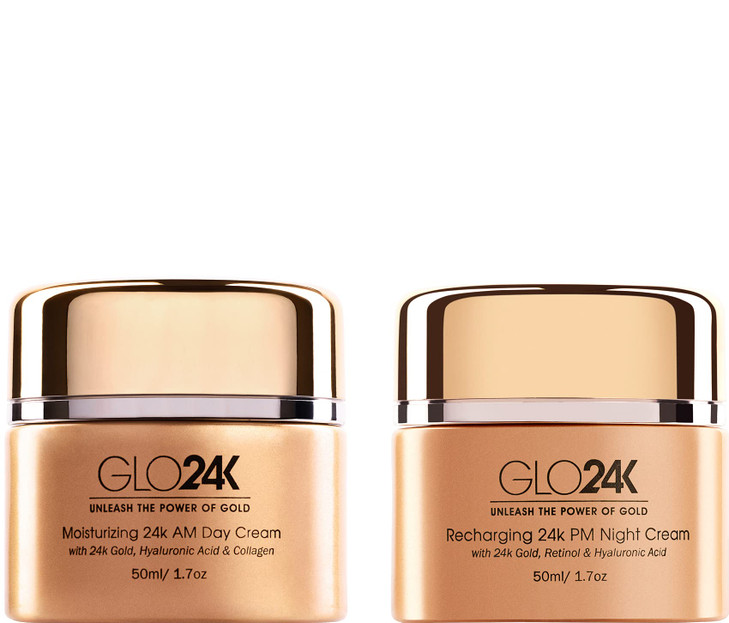 GLO24K Moisturizing 24k Gold Day and Night Creams for an Optimal AM-PM Hydration Level. A High-Performing Hydration Boost Combo enriched with Hyaluro