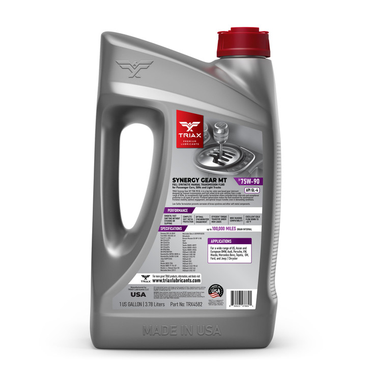 TRIAX Synergy Gear MT 75W-90 GL-4 (MT-90); Full Synthetic Manual Trans Fluid; Smooth Shifting; No Sticking, Slipping, Vibration, or Shudder; Yellow M
