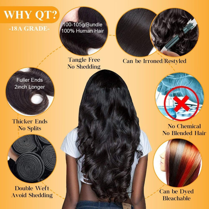 QTHAIR Brazilian Virgin Hair 18A Grade Body Wave Bundles 100% Unprocessed Virgin Brazilian Body Wavy Human Hair Bundles 20" 18" 16" 300g Brazilian Bo