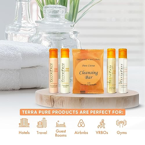 Terra Pure Wild Citrus Toiletries Set | 1-Shoppe Amenities Kit | 1oz Shampoo, Conditioner, Body Wash, Lotion, 1oz Bar Soap | 150 Pieces