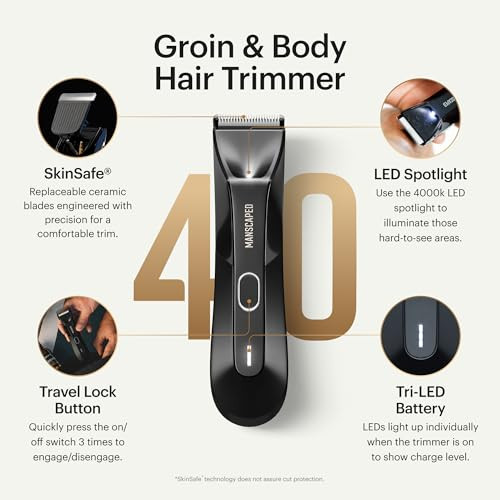 MANSCAPED® The Lawn Mower® 4.0, Electric Groin Hair Trimmer, Replaceable SkinSafe® Ceramic Blade Heads, Waterproof Wet/Dry Clippers, Rechargeable, Wi