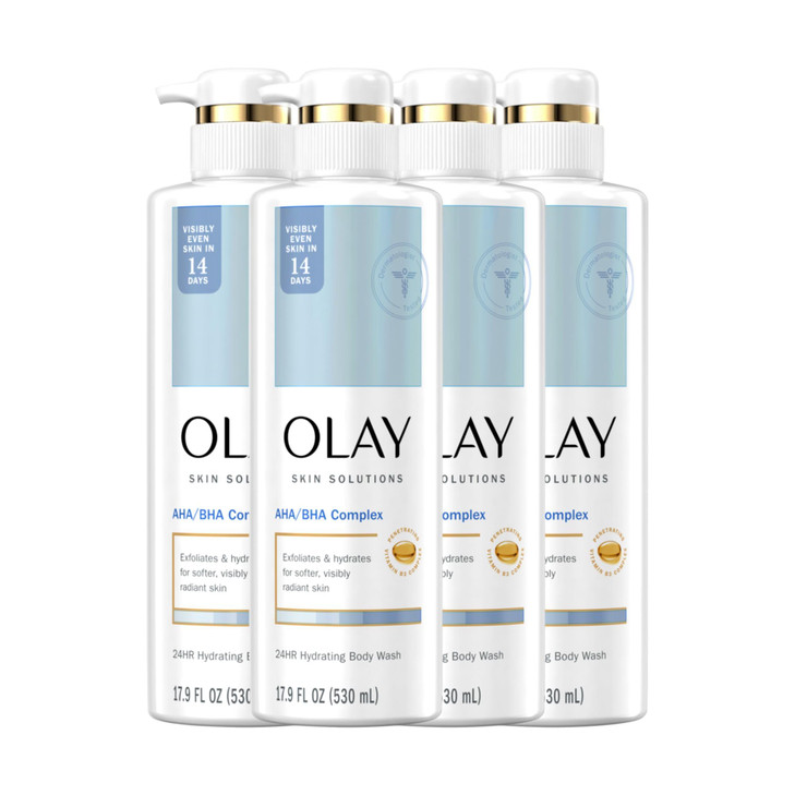 Olay Skin Solutions Hydrating Body Wash for Women with AHA/BHA Complex, 17.9 fl oz (Pack of 4)