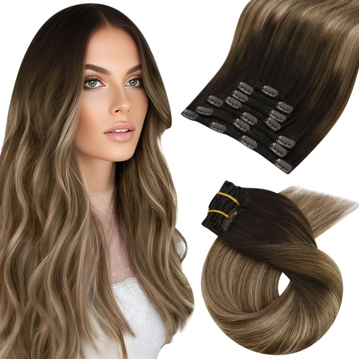 Moresoo Balayage Real Hair Extensions Clip in Human Hair Ombre Remy Double Weft Clip in Human Hair Extensions for Women Dark Brown to Golden Brown wi