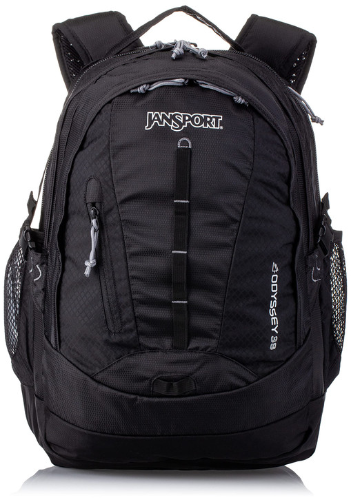 JanSport Odyssey Laptop Backpack for 15 Computer or 3L Hydration System, Black - Large Bag Adults with Tuck-Away Hip Belt, 2 Main Compartments - Pre