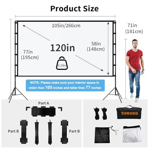 TOWOND Outdoor Projector Screen with stand, 120 inch Portable Movie Screen - 16:9 4K HD Foldable Anti-Crease Projection Screen with Carry Bag for Mov