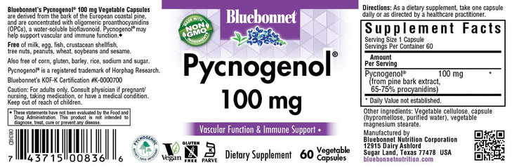 Bluebonnet Pycnogenol Vegetarian Capsules, 100 mg, 60 Count (743715008366)