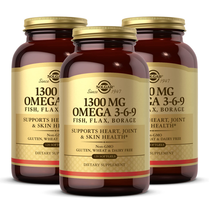 Solgar 1300 mg Omega 3-6-9, 120 Softgels (Pack of 3) - Fish Oil Supplement - Support for Joint & Skin Health - Includes Flaxseed & Borage - Contains