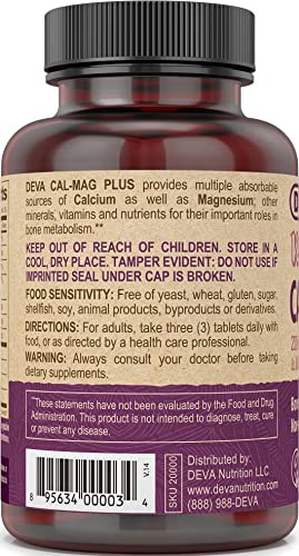 DEVA Vegan Cal MAG Plus Supplement with Calcium, Magnesium, Zinc, Boron, Vitamin C, D & K, 90 Tablets, 12-Pack