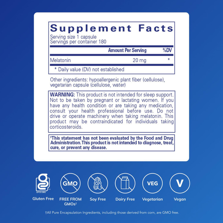 Pure Encapsulations Melatonin 20 mg - Not Intended for Sleep Support - for Immune System & Healthy Cells - 99.5% Purity Melatonin - Gluten Free & Non