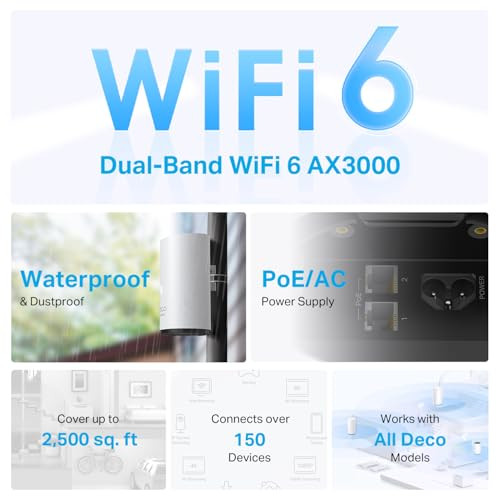 TP-Link Deco Outdoor Mesh WiFi (X50-Outdoor), AX3000 Dual Band WiFi 6 Mesh, 2 Gigabit Ports, 802.3at PoE+,Weatherproof, Works with All Mesh WiFi, Pol