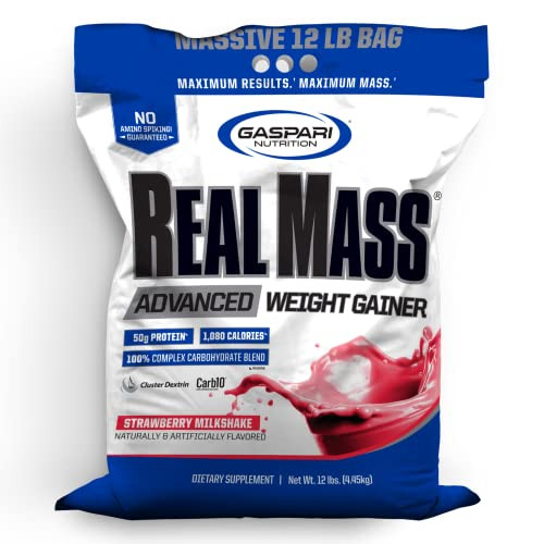 Gaspari Nutrition Real Mass: Advanced Weight Gainer, Protein and Complex Carb Blend, 50g Protein, 16g EAAs, Gluten-Free, 12 lbs (Strawberry Milkshake