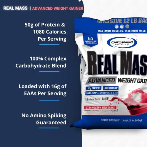 Gaspari Nutrition Real Mass: Advanced Weight Gainer, Protein and Complex Carb Blend, 50g Protein, 16g EAAs, Gluten-Free, 12 lbs (Strawberry Milkshake