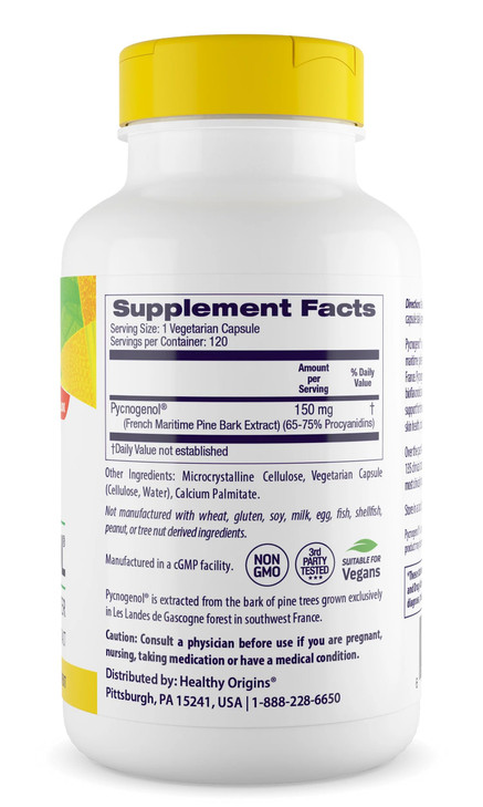 Healthy Origins Pycnogenol 150 mg, French Maritime Pine Bark Extract, Natures Super Antioxidant, Antioxidant, Non-GMO, Vegan, 120 Veggie Capsules
