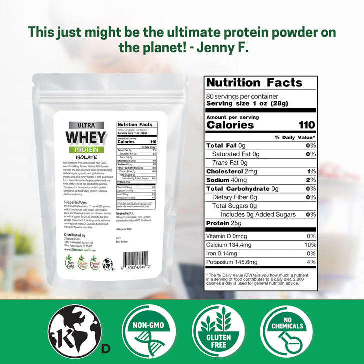 Z Natural Foods Ultra Whey Protein Isolate Powder - Pure, Unflavored, Unsweetened Whey Protein Powder - Flavorless Whey Isolate with Vital Proteins f