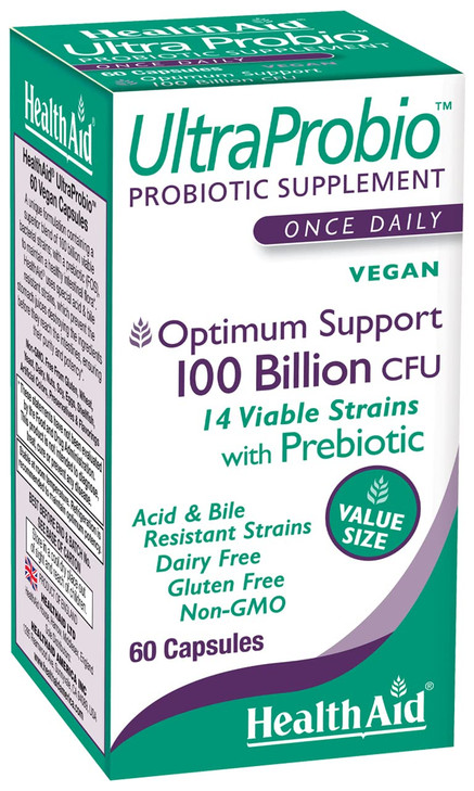 HealthAid UltraProbio, 100 Billion 60ct Once Daily Capsules, Optimum Support 100 Billion with Prebiotic, Acid & Bile Resistant, Dairy & Gluten Free,