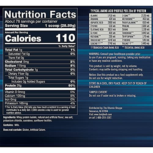 BODYTECH Whey Protein Isolate Powder - 25g Protein per Serving with BCAAs - Fast-Absorbing for Muscle Growth & Recovery - Vanilla (5 lb, 71 Servings)