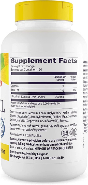 Healthy Origins Ubiquinol (Active Form of CoQ10), 200 mg - Kaneka Ubiquinol Supplements for Heart Health & Antioxidant Support - Gluten-Free & Non-GM
