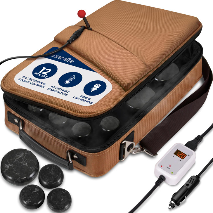 SereneLife Portable Massage Stone Warmer Set - Electric Spa Hot Stones Massager and Heater Kit with 6 Large and 6 Small Round Shaped Basalt Massaging