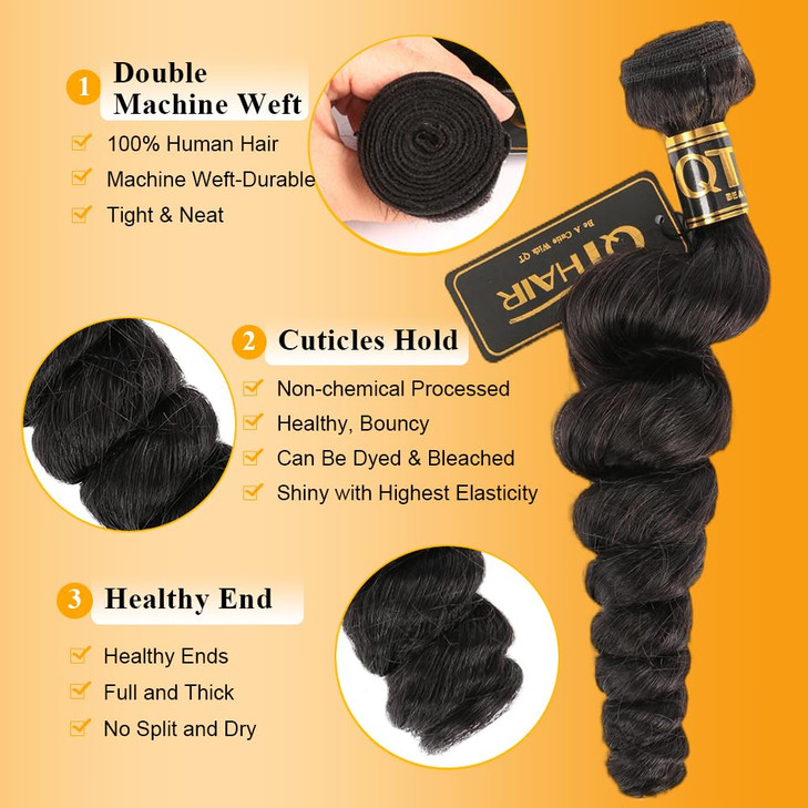 QTHAIR 18A Brazilian Loose Wave Human Hair Bundles for Black Women (18" 20" 20",Natural Black #1b) Loose Body Wave Human Hair Bundles Loose Wave