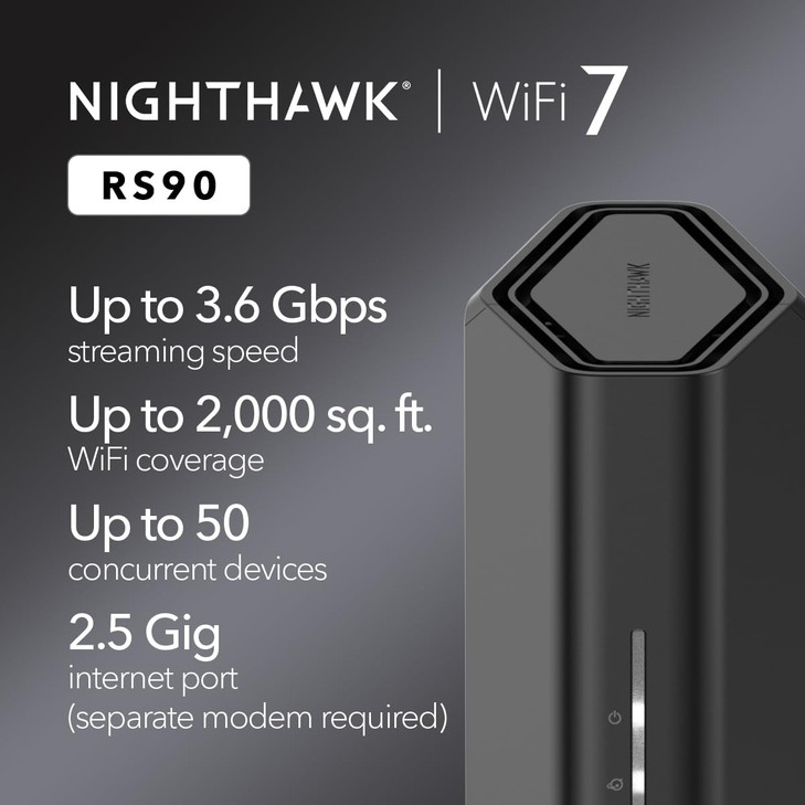 NETGEAR Nighthawk Dual-Band WiFi 7 Router (RS90)  Router Only, BE3600 Wireless Speed (up to 3.6 Gbps) - Covers up to 2,000 sq. ft., 50 Devices  2.5