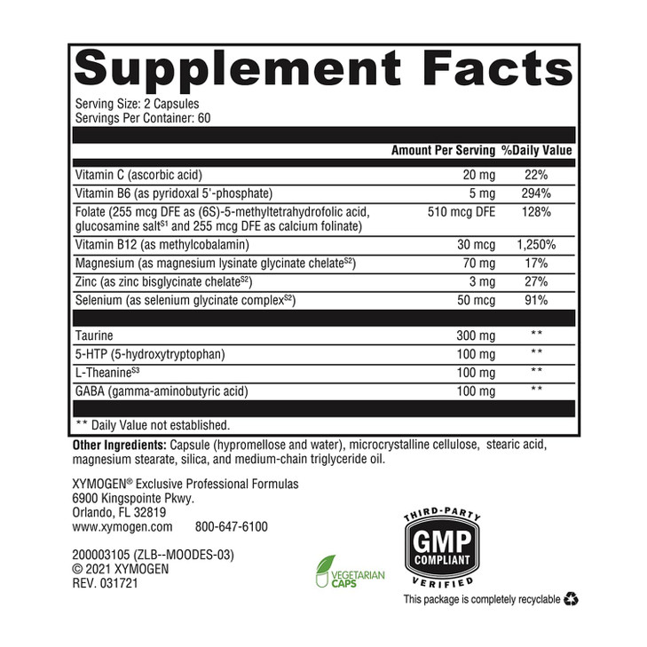 XYMOGEN Mood Food ES - Supports Calmness, Relaxation and a Healthy Mood with Active Folate, B Vitamins, 5-HTP, GABA, Minerals, Suntheanine L-Theanine